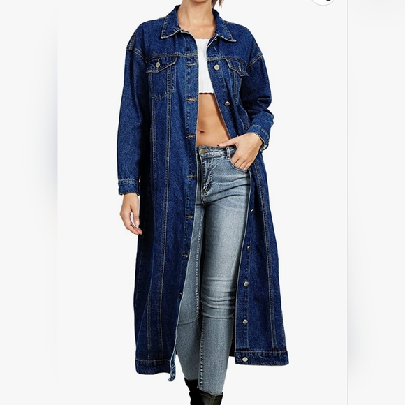 Womens Classic Long Jean Jacket Long Sleeve Button Down Denim (chose SZ & color) - Picture 3 of 4